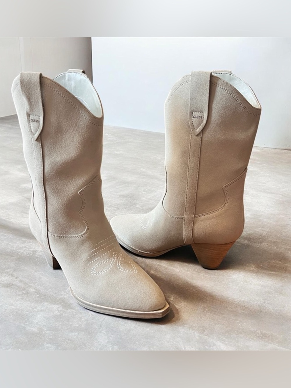 GUESS Light Cream Suede Western Mid-Calf Boots